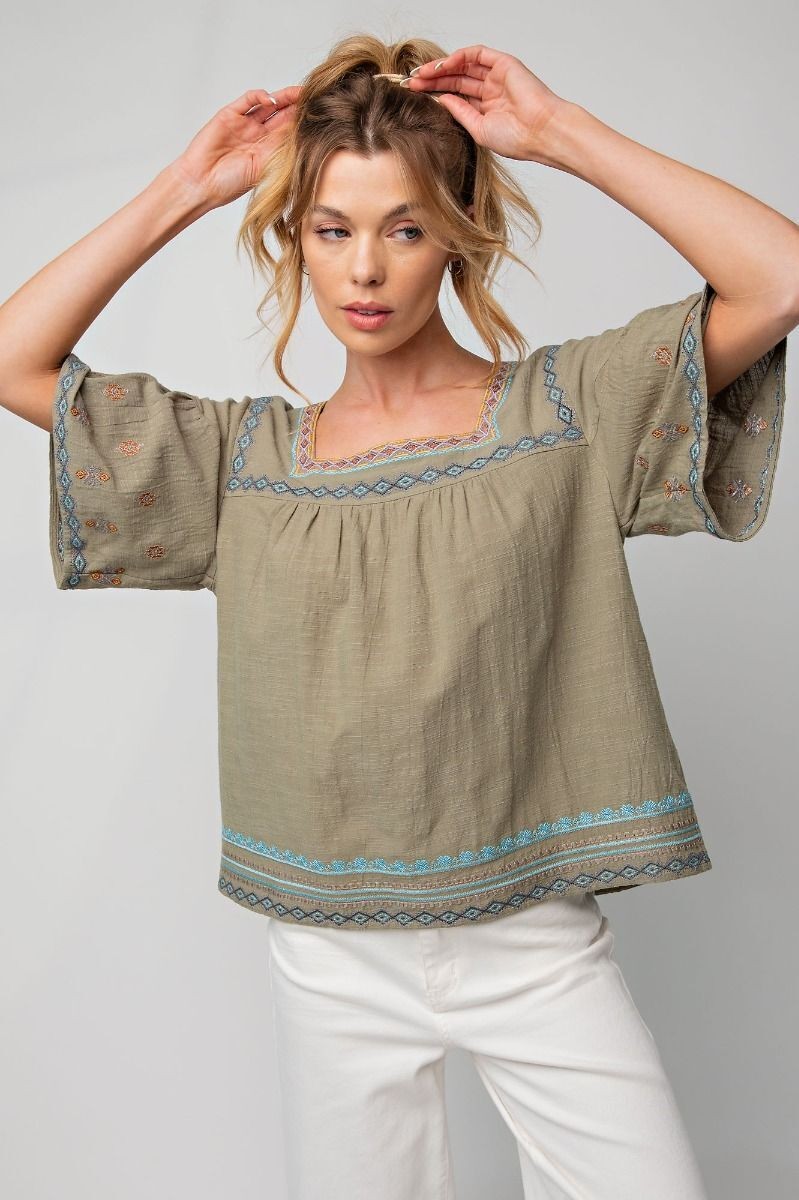 Easel Clothing Embroidered Square Neckline Sage Top Women&#039;s