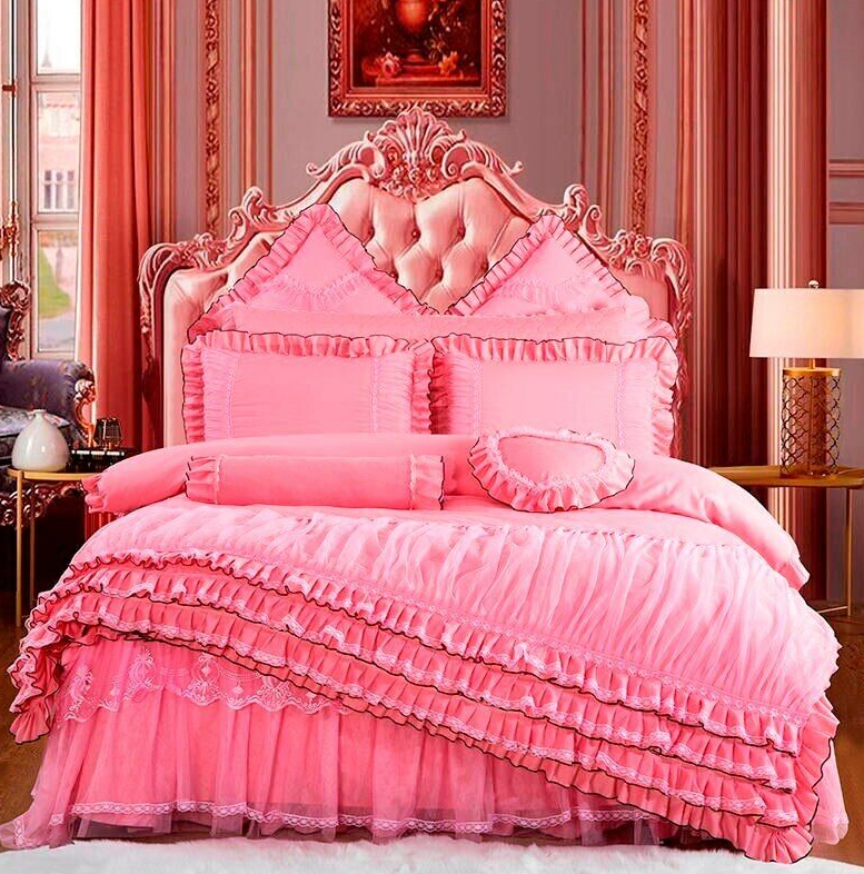 Layers Ruffles Lace Princess Pink Wedding Bedding Set Duvet Cover Bed Skirt NEW