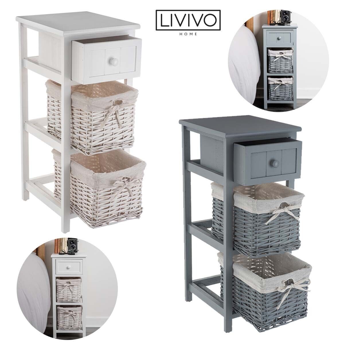 Shabby Chic Bedside Unit Tables Drawers Cabinet + Wicker Storage Wooden Bedroom